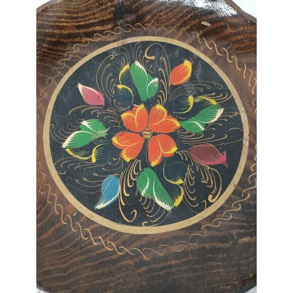 Vintage Mexican Batea Folk Art Round Wood Floral Hand Painted Tray BOHO - Picture 2 of 6